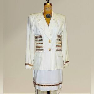 Vtg Nina K 90s cream rayon mix embroidered beaded cut out skirt suit size Small